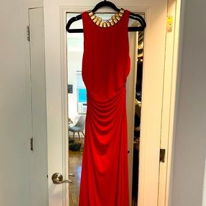 Bright red with gold collar gown